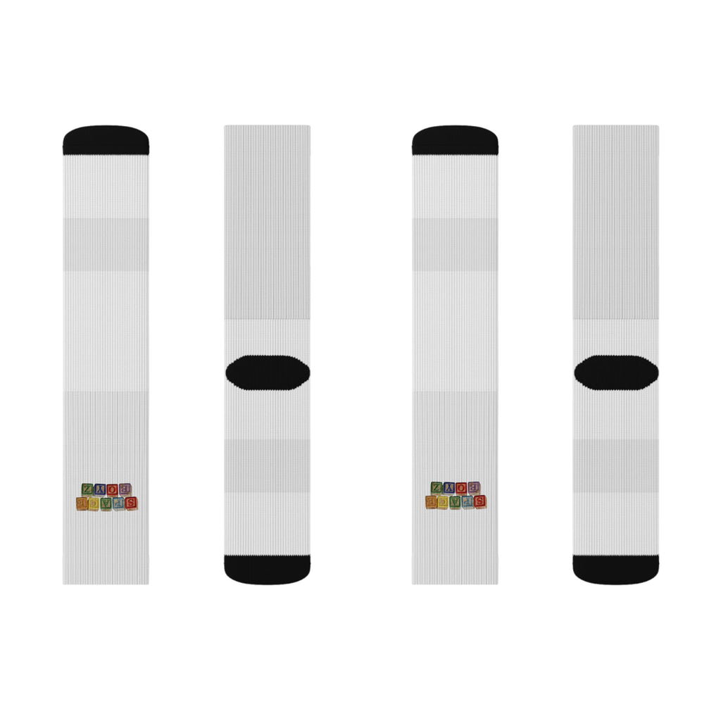 Minimal Multicolor Block Sublimation Socks — White Athletic Crew Socks with Small Color Squares
