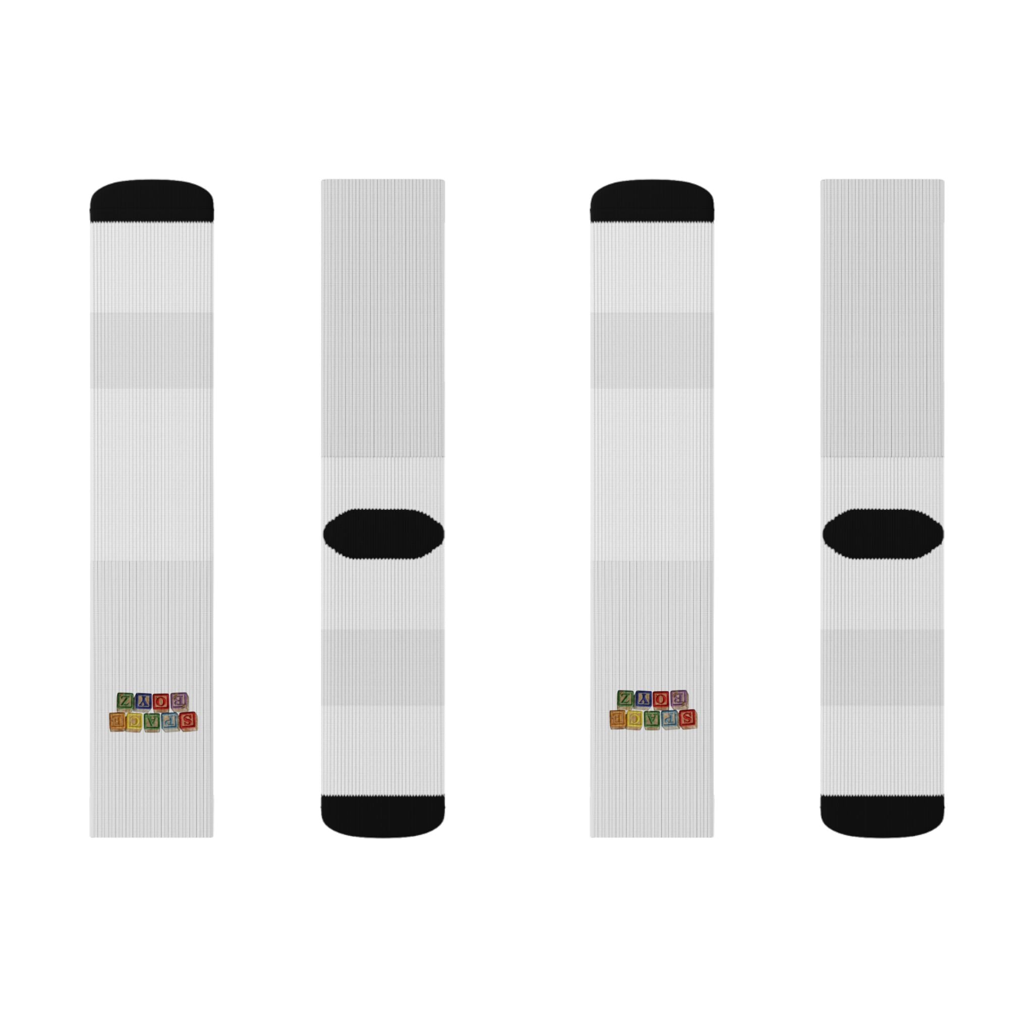 Minimal Multicolor Block Sublimation Socks — White Athletic Crew Socks with Small Color Squares