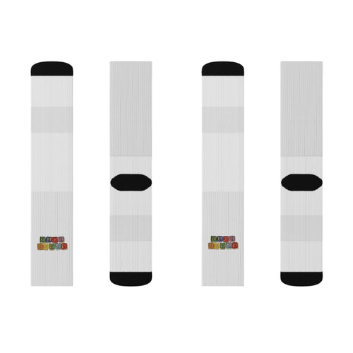 Minimal Multicolor Block Sublimation Socks — White Athletic Crew Socks with Small Color Squares