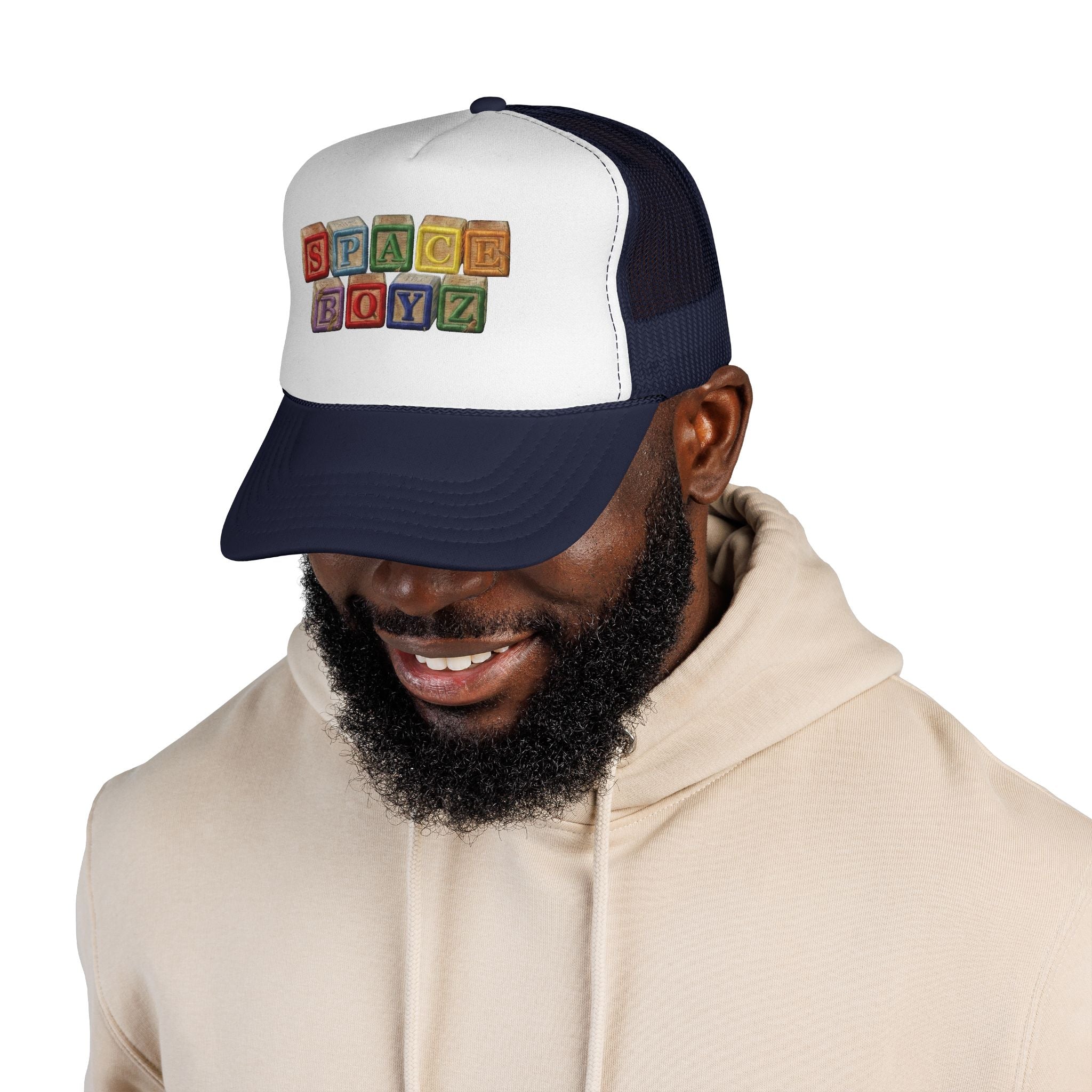 Space Boyz Trucker Hat — Retro Toy Block Logo Cap