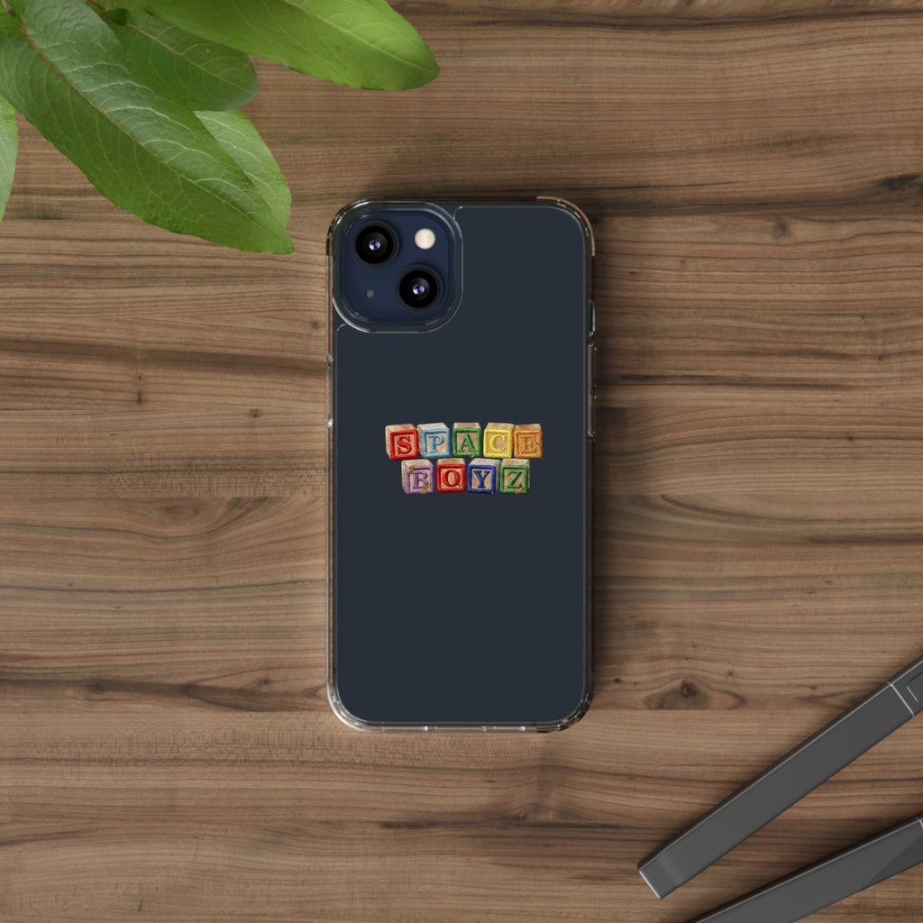 Clear Phone Case — "SPACE BOYZ" Vintage Toy Block Design