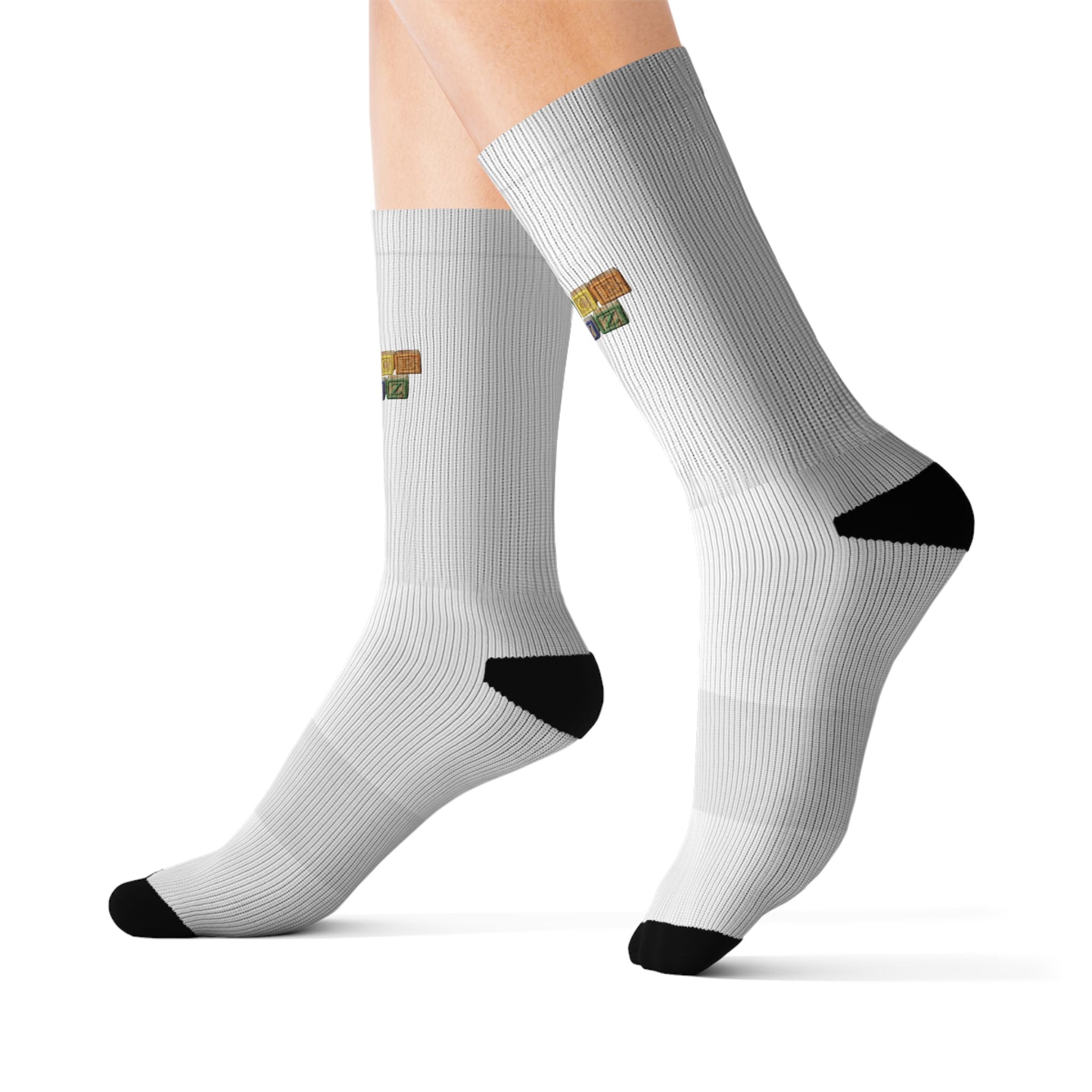 Minimal Multicolor Block Sublimation Socks — White Athletic Crew Socks with Small Color Squares