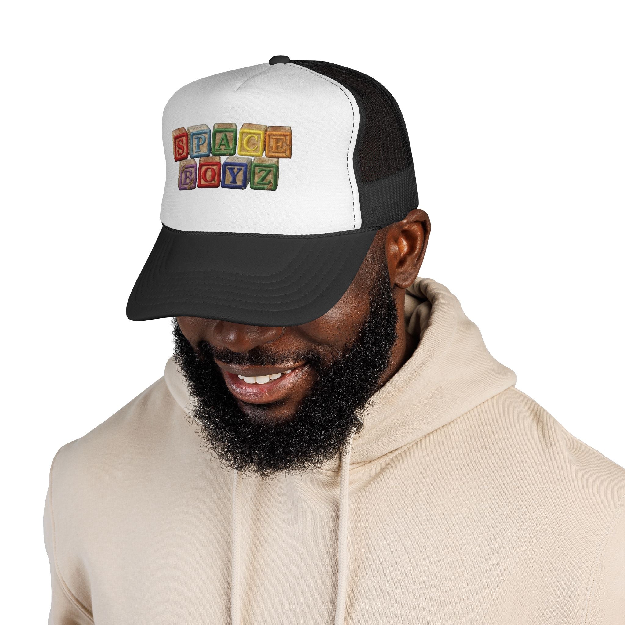 Space Boyz Trucker Hat — Retro Toy Block Logo Cap
